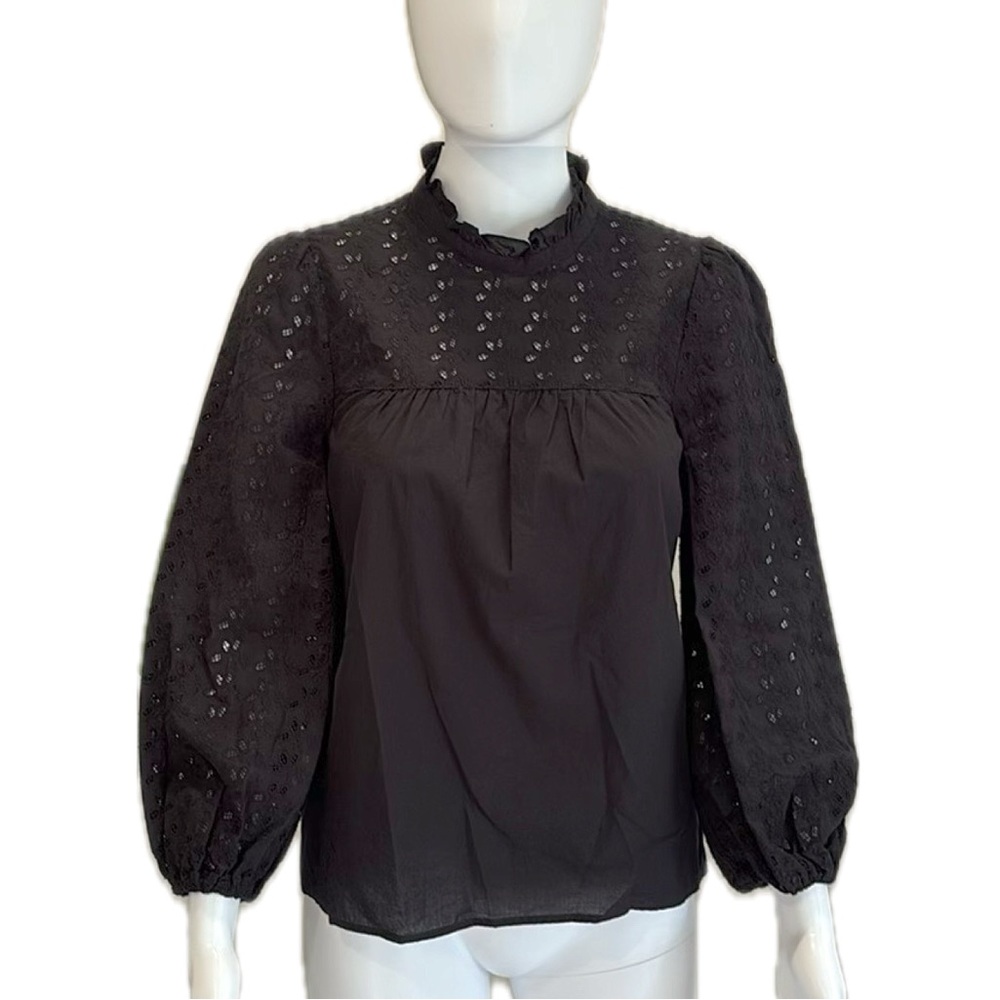 Madewell Black Eyelet Peasant Blouse Sz XXS Ruffle Tie Neck Balloon Long Sleeve - Picture 2 of 12